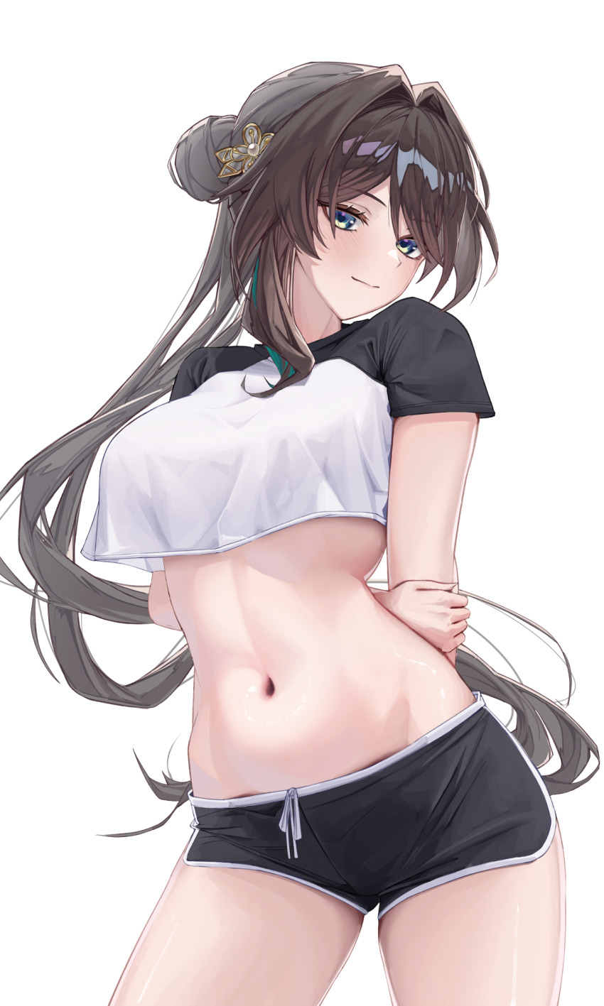 1girl, alternate_costume, arm_behind_back, black_shorts, breasts, brown_hair, closed_mouth, commentary