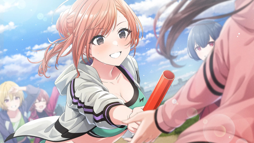 arisugawa_natsuha, baton_pass, blonde_hair, blue_hair, breasts, brown_hair, building, cleavage