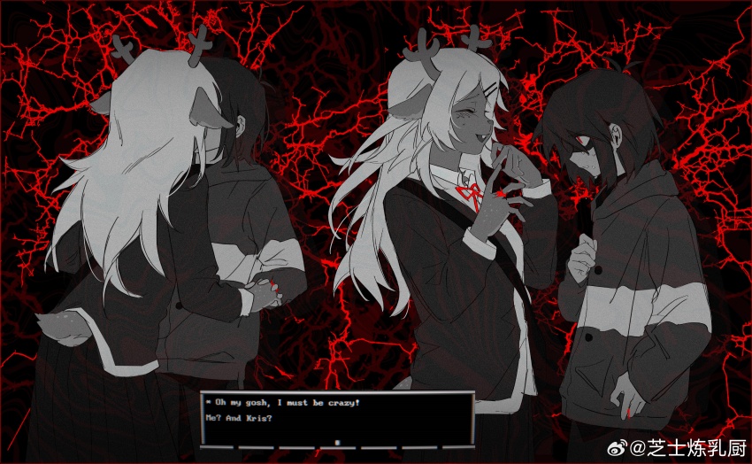 1girl, 1other, absurdres, antlers, chinese_commentary, closed_eyes, collared_shirt, commentary