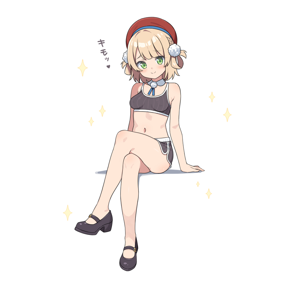 1girl, arm_support, bare_shoulders, beret, black_shoes, black_shorts, blonde_hair, breasts