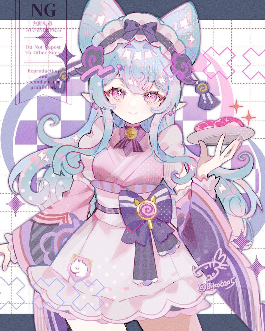 1girl, :>, biko0205, blue_hair, bow, breasts, commentary_request, cowboy_shot