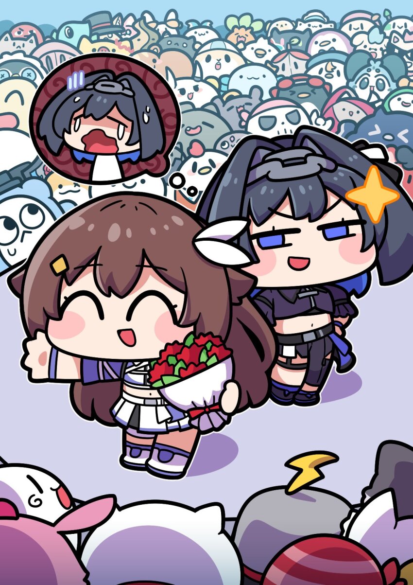 2girls, 35p_(sakura_miko), belly, bibi_(tokoyami_towa), blue_eyes, blue_hair, brown_hair, chattino_(raora_panthera)