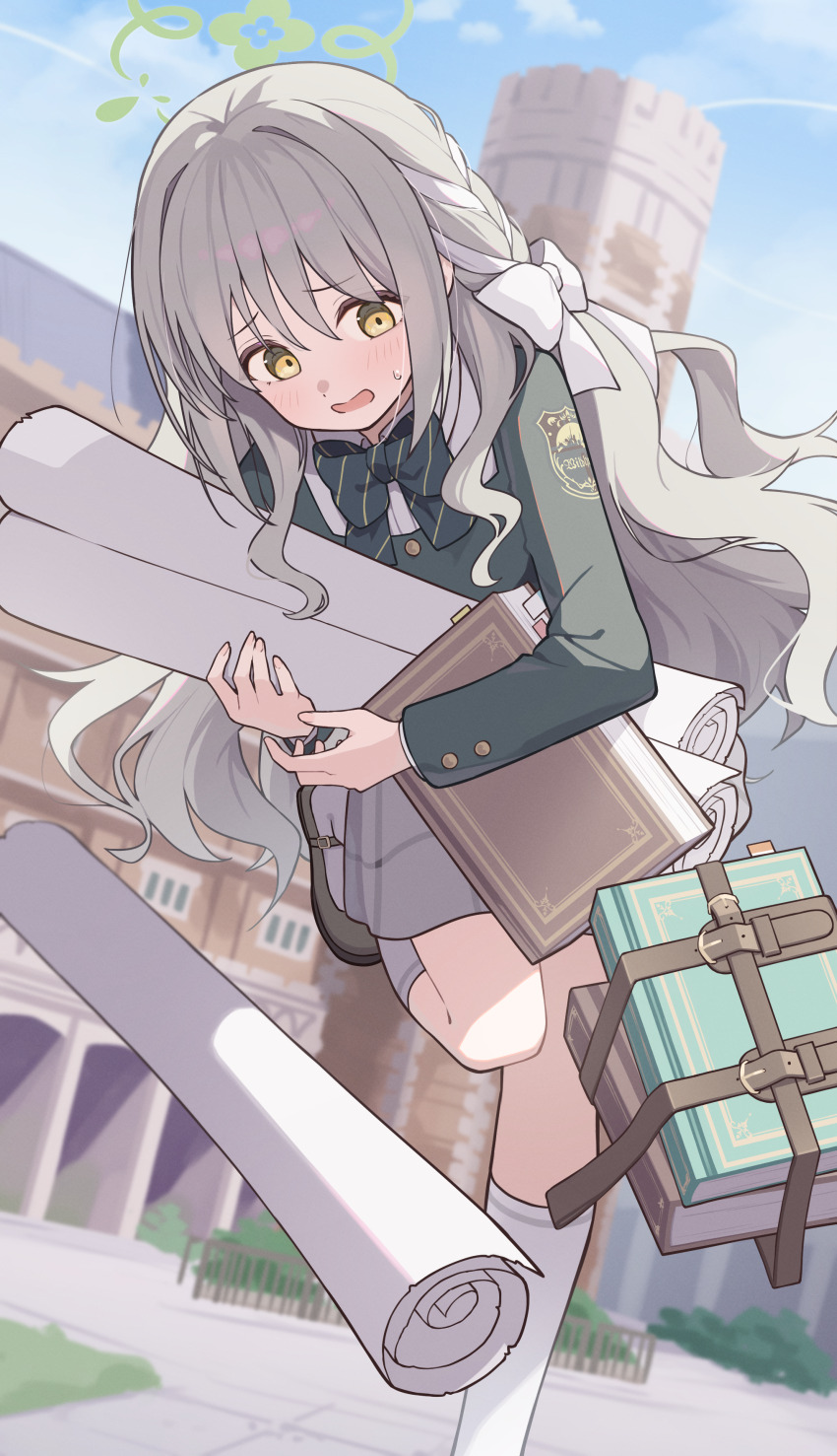 1girl, absurdres, blue_archive, blue_sky, blush, book, bow, bowtie, braid, brown_shoes, buttons, collared_shirt, commentary, dropping, embarrassed, grass, green_bow, green_bowtie, green_halo, green_jacket, grey_hair, hair_bow, halo, highres, holding, holding_book, holding_paper, jacket, leg_up, long_hair, long_sleeves, mary_janes, miyo_(blue_archive), open_mouth, outdoors, paper, plant, raised_eyebrows, ring_of_light_(blue_archive), rolled-up_paper, school, school_uniform, shirt, shoes, siege_tower, sky, socks, solo, striped_bow, striped_bowtie, striped_clothes, sweatdrop, tile_floor, tiles, toki_kimagure, wavy_hair, white_bow, white_shirt, white_socks, wild_hunt_academy_of_arts_logo, yellow_eyes
