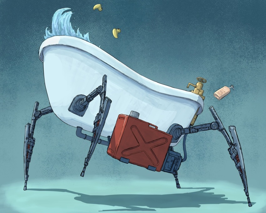arthropod_limbs, bathtub, blue_background, commentary_request, faucet, gas_can, industrial_pipe, kamikairo