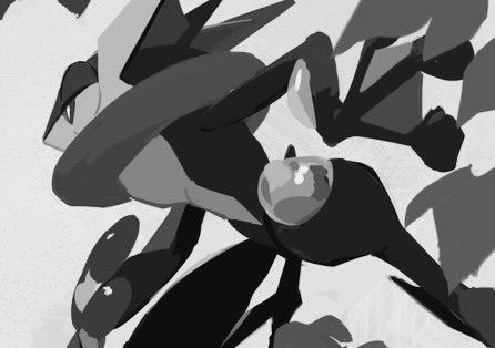 arm_up, covered_mouth, from_side, gen_6_pokemon, greninja, grey_background, greyscale, looking_ahead, lowres, monochrome, nintendo, pokemon, pokemon_(creature), pokemon_focus, profile, simple_background, tongue, usduvi, water