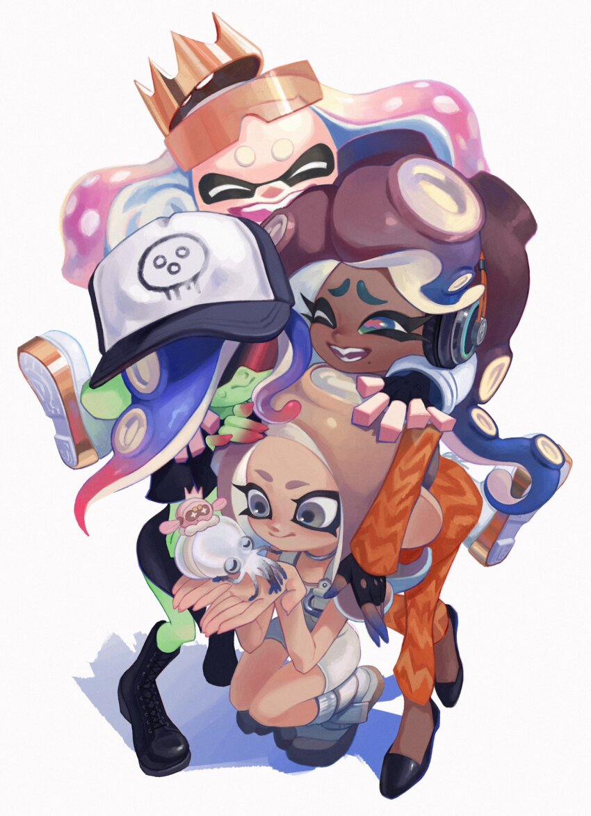 4girls, agent_8_(splatoon), animal, baseball_cap, black_boots, black_dress, black_gloves, black_shoes