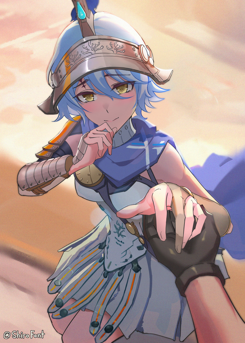 1boy, 1girl, arm_armor, black_gloves, blue_cape, blue_hair, blush, breasts, cape, closed_mouth, commentary_request, dress, gladiator, gloves, hair_between_eyes, hand_up, highres, looking_at_viewer, male_rover_(wuthering_waves), medium_breasts, mya_(wuthering_waves), pov, pov_hands, rover_(wuthering_waves), shiro_font, short_hair, smile, solo_focus, tacet_mark_(wuthering_waves), taking_another's_hand, twitter_username, white_dress, wuthering_waves, yellow_eyes