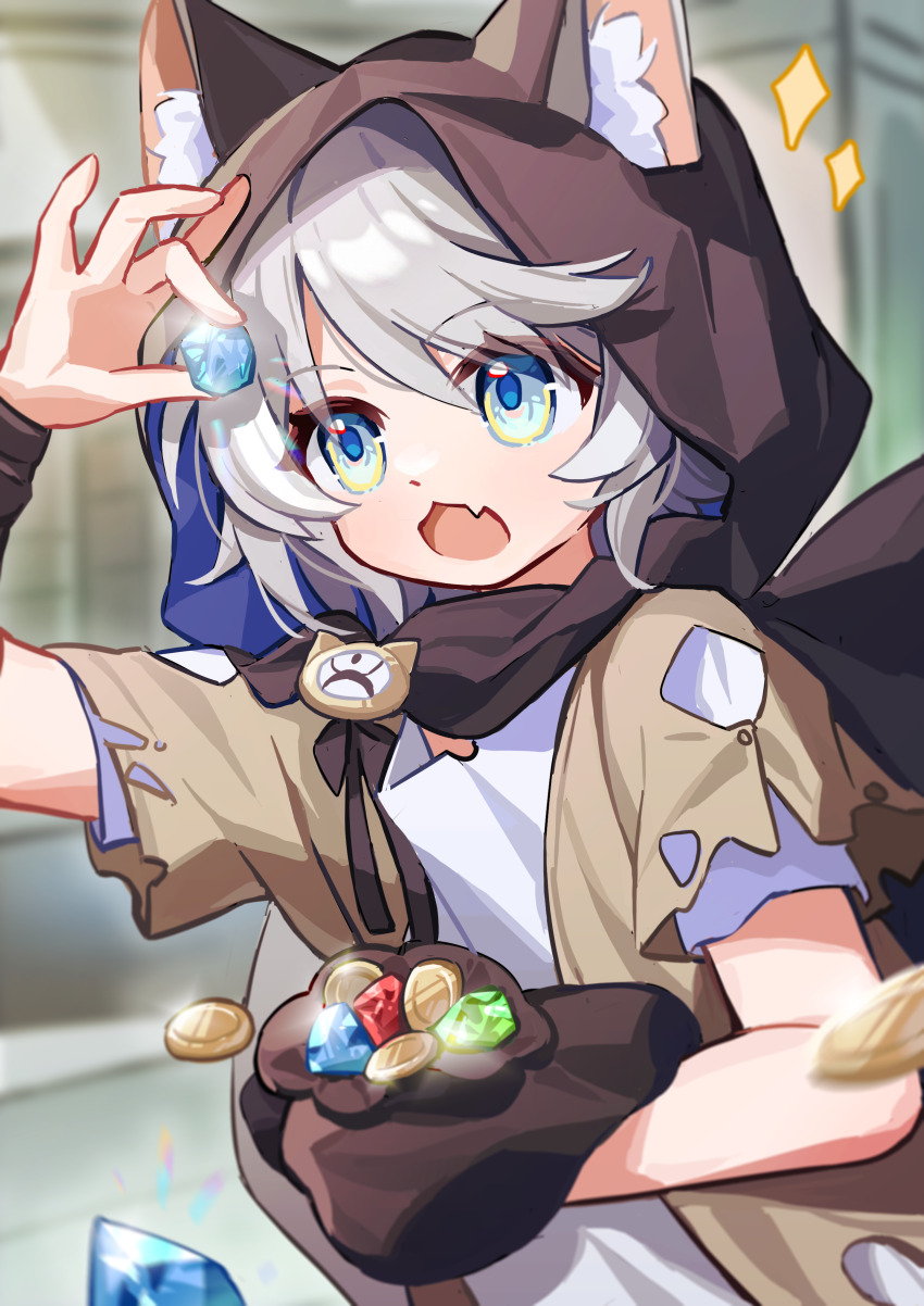 1girl, absurdres, animal_ear_fluff, animal_ears, bag, black_hood, blue_gem, cat_ears