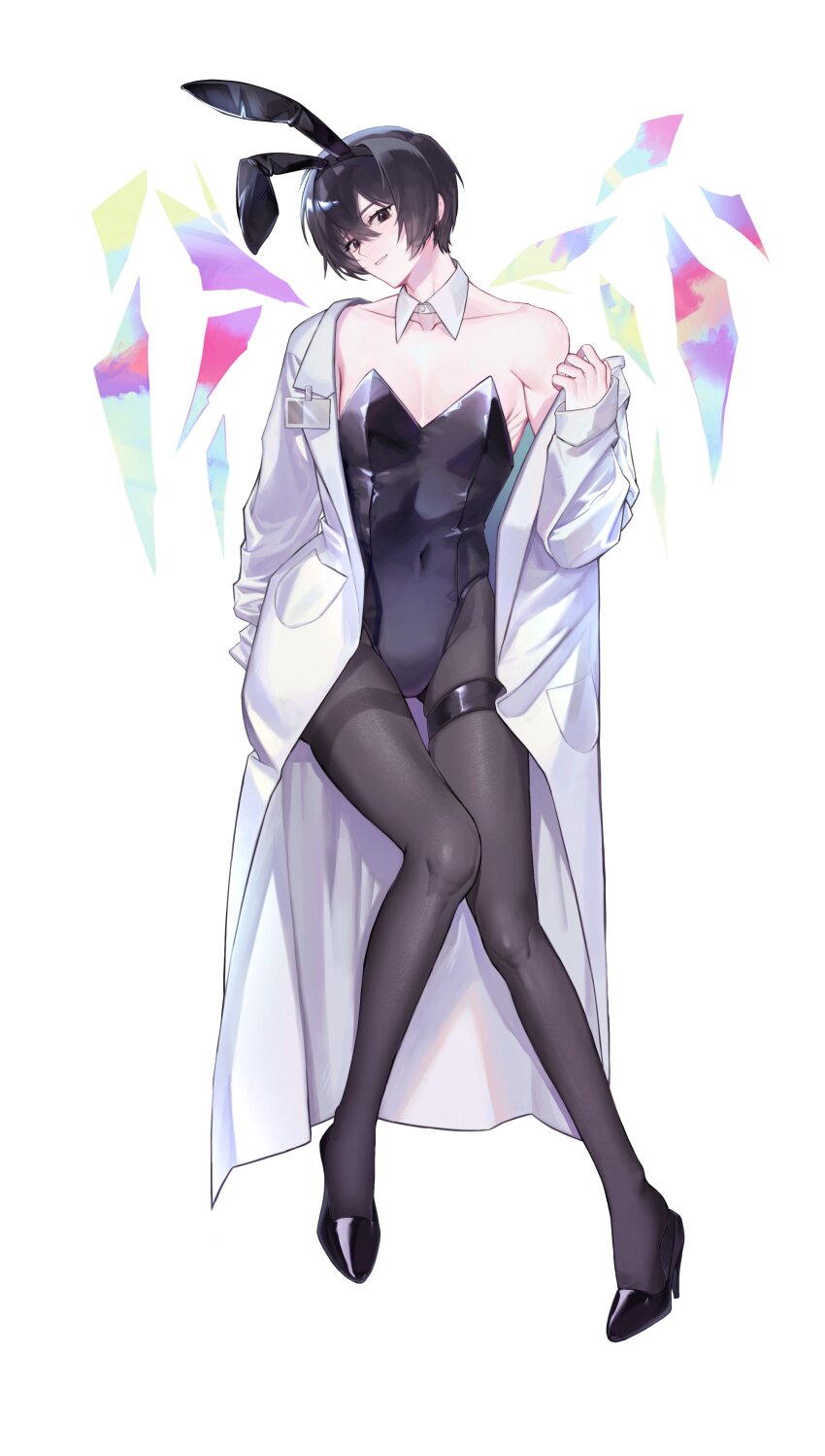 1boy, absurdres, animal_ear_hairband, animal_ears, black_eyes, black_hair, black_leotard, black_pantyhose