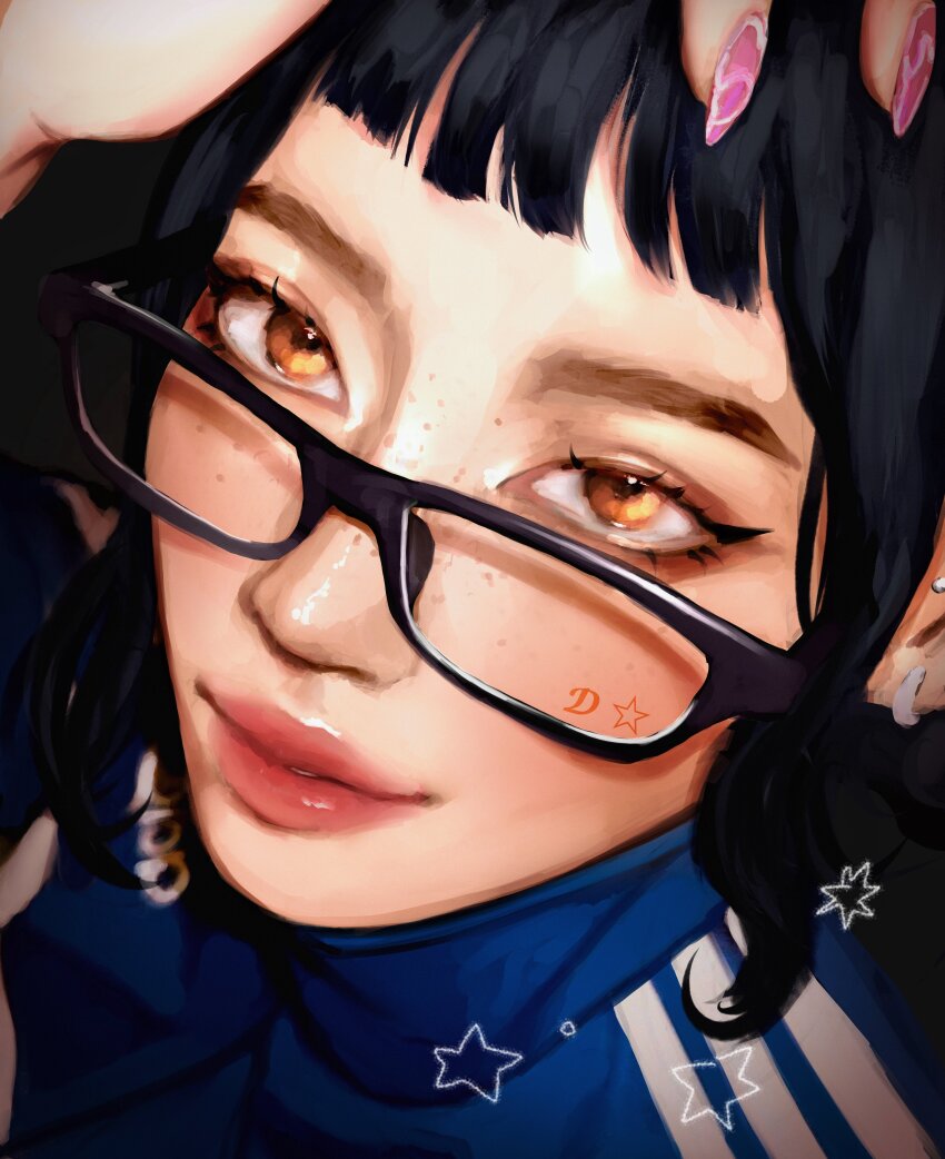 1girl, absurdres, black-framed_eyewear, black_background, blue_jacket, close-up, commentary, dannyisonfiree