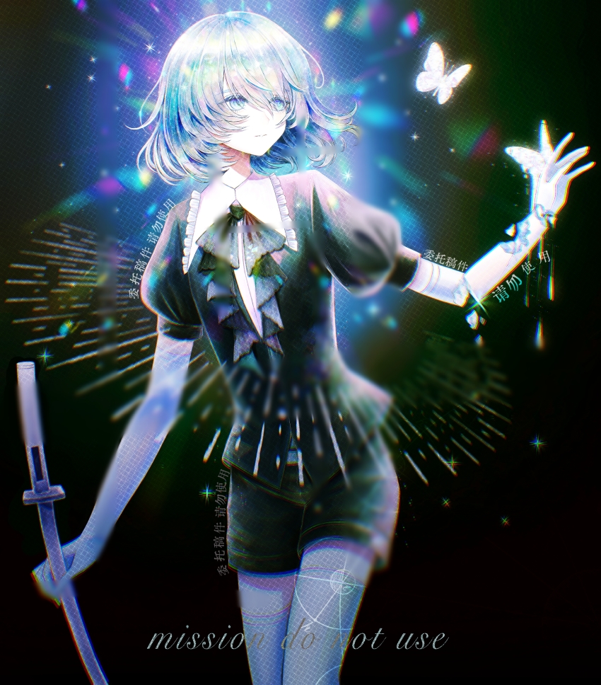 1other, absurdres, androgynous, ascot, black_ascot, black_background, black_jacket, black_shorts