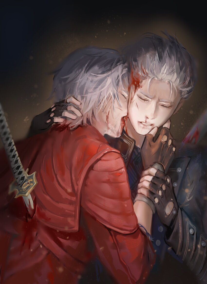 2boys, black_gloves, blood, blood_from_mouth, blood_on_face, blue_coat, brothers, closed_eyes