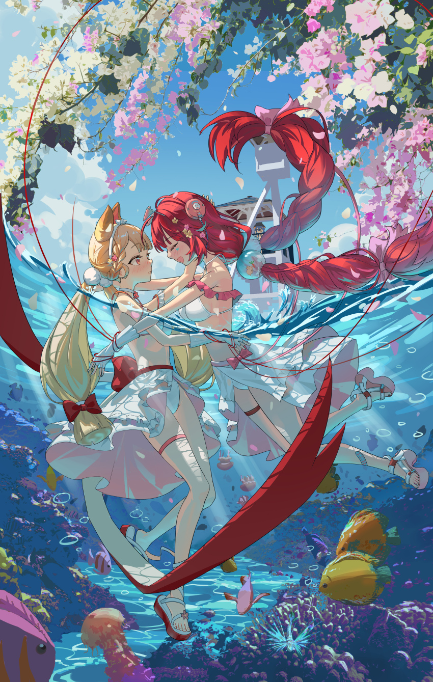 2girls, absurdres, alice_thymefield, animal_ears, bikini, blonde_hair, blue_sky, closed_eyes, commentary_request, fish, full_body, highres, kulomi, long_hair, looking_at_another, multiple_girls, ocean, open_mouth, outdoors, partially_submerged, partially_underwater_shot, profile, red_hair, sandals, sky, smile, summer, swimsuit, ukinami_yuzuha, very_long_hair, white_bikini, yuri, zenless_zone_zero