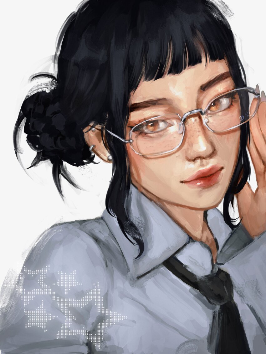 1girl, absurdres, adjusting_eyewear, ascii_art, black_hair, black_necktie, collared_shirt, dannyisonfiree, double_bun, ear_piercing, fanged_bangs, fingernails, freckles, grey-framed_eyewear, hair_bun, head_tilt, highres, kpop_demon_hunters, lipstick, long_fingernails, long_sleeves, looking_at_viewer, makeup, necktie, piercing, red_lips, sanpaku, shirt, short_bangs, simple_background, solo, star_(symbol), white_nails, white_shirt, yellow_eyes, zoey_(kpop_demon_hunters)