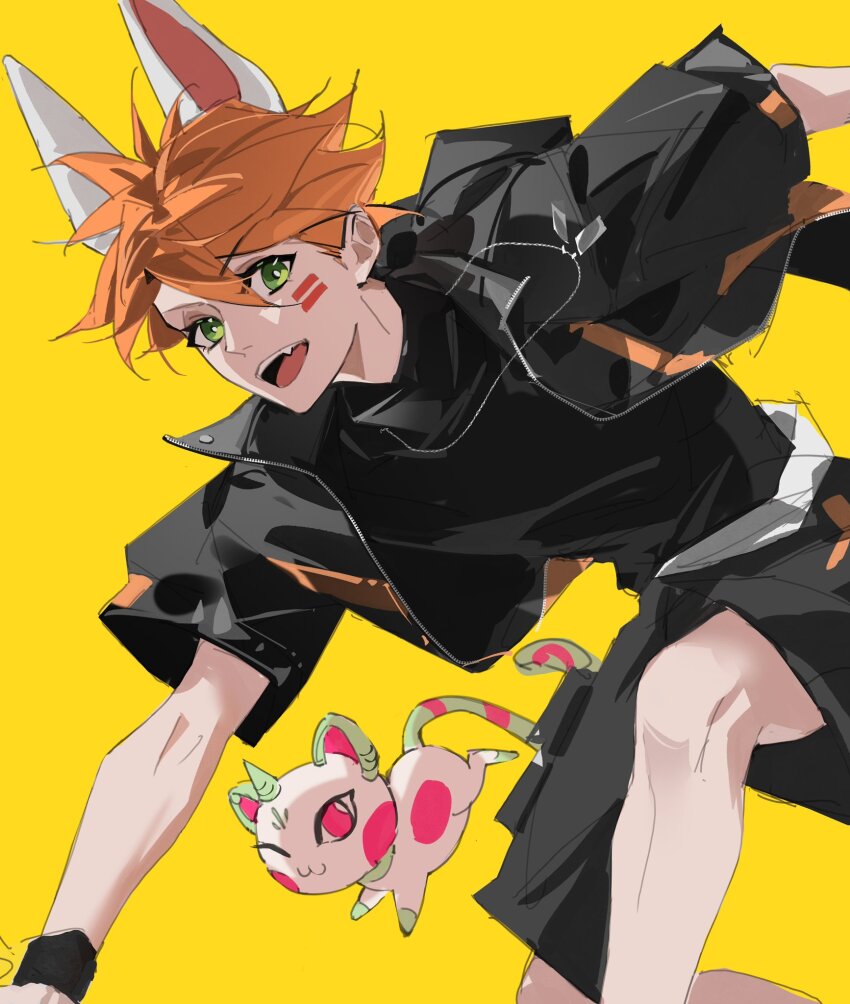 1boy, animal, animal_ears, big_johnny_(to_be_hero_x), black_jacket, black_shirt, black_shorts, dog_tags