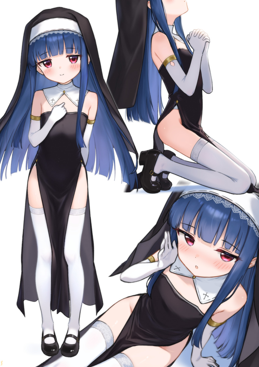 1girl, absurdres, bare_hips, blush, elbow_gloves, gloves, highres, hime_cut, idolmaster, idolmaster_cinderella_girls, jia_wenyuan, kneeling, loli, looking_at_viewer, multiple_views, nun, own_hands_clasped, own_hands_together, praying, sajo_yukimi