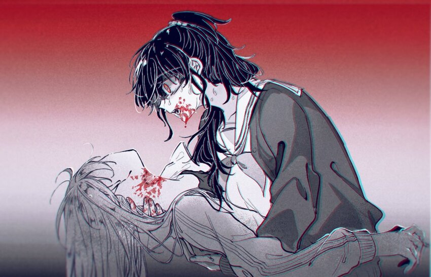 2girls, asahina_mafuyu, bite_mark, bite_mark_on_neck, blood, blood_on_mouth, blood_on_neck, cakeverse, cardigan, chinese_commentary, commentary, daikon_daikon, gradient_background, jacket, long_hair, long_sleeves, multiple_girls, neckerchief, open_mouth, ponytail, project_sekai, red_background, red_eyes, sailor_collar, white_background, yoisaki_kanade