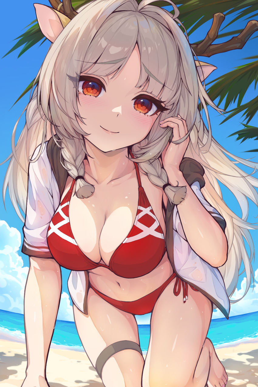 1girl, bare_legs, barefoot, beach, bikini, blue_sky, braid, breasts