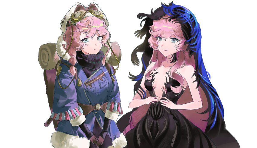 2girls, :<, backpack, bag, bare_arms, bare_shoulders, black_dress, black_gloves