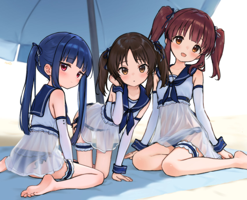 3girls, bikini, blue_bikini, blue_hair, blush, brown_eyes, brown_hair, detached_sleeves