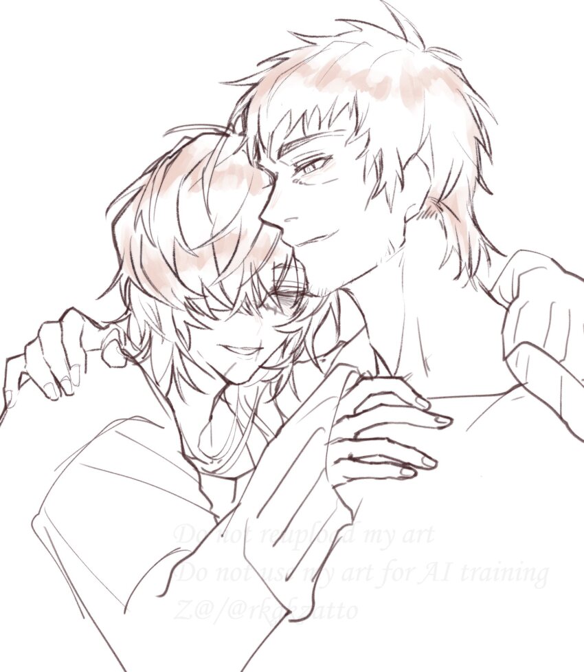 2boys, highres, hug, male_focus, multiple_boys, murase_takuma, rkgkzatto_(artist), slow_damage