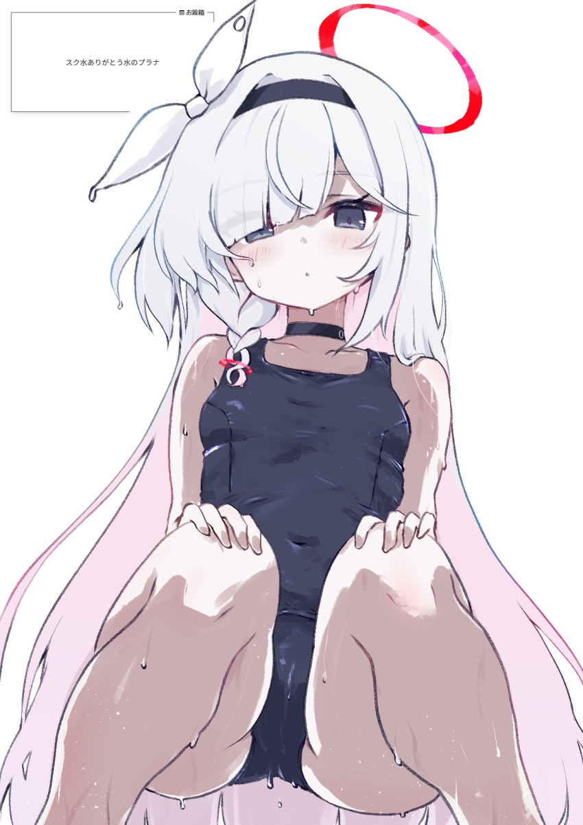 1girl, :o, bare_legs, black_choker, black_eyes, black_hairband, blue_archive, blue_one-piece_swimsuit