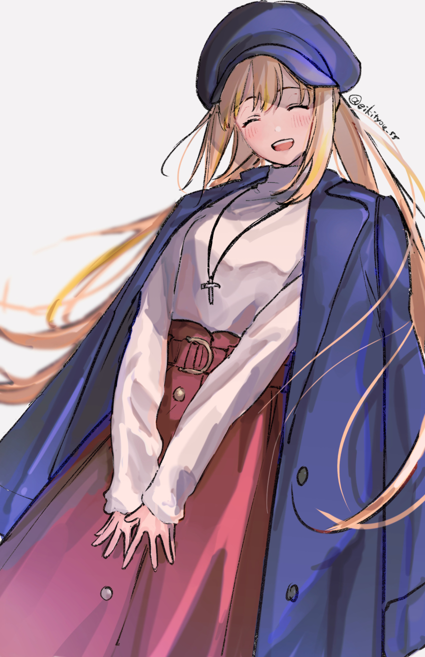 1girl, artoria_caster_(fate), artoria_caster_(lawson)_(fate), artoria_pendragon_(fate), blonde_hair, blue_coat, blue_hat, blush