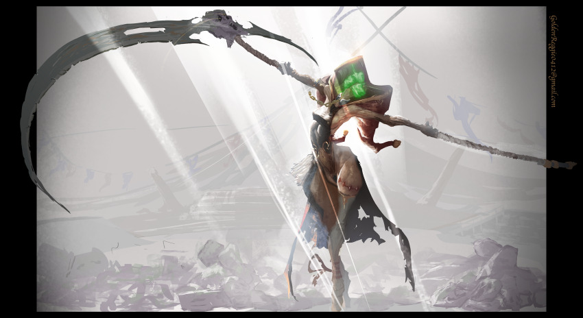 absurdres, black_leotard, chain, creature, death, fantasy, gold_chain, golden_reggie