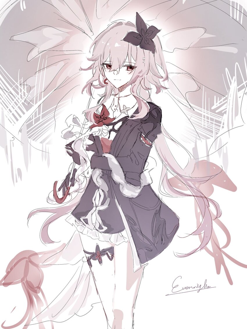 1girl, black_dress, black_flower, black_gloves, dress, evernight_(honkai:_star_rail), flower, gloves, hair_flower, hair_ornament, highres, holding, holding_umbrella, honkai:_star_rail, honkai_(series), long_hair, march_7th_(honkai:_star_rail), nani_miteru0, pink_hair, red_eyes, solo, thigh_strap, umbrella, very_long_hair