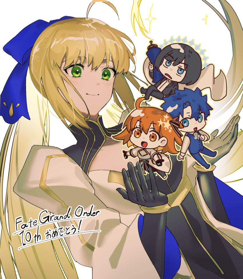 2boys, 2girls, ahoge, artoria_caster_(fate), artoria_caster_(third_ascension)_(fate), artoria_pendragon_(fate), black_gloves, black_hair