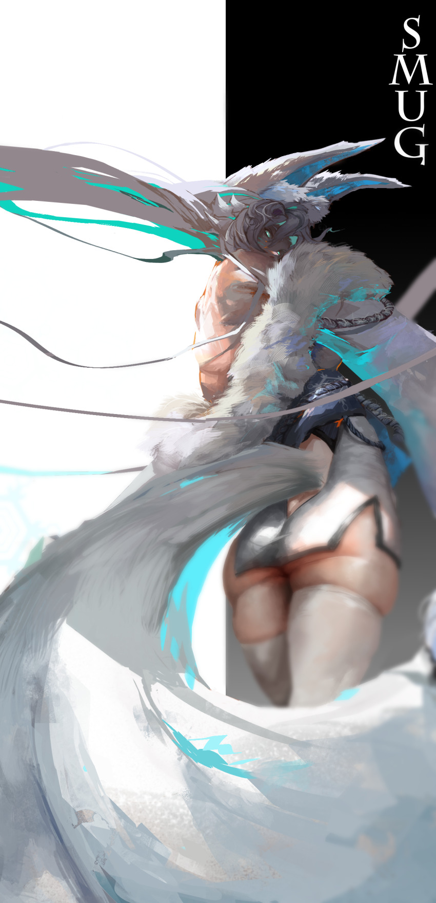 absurdres, animal_ears, ass, bare_back, blue_eyes, blue_hair, china_dress, chinese_clothes, copyright_request, dress, fantasy, fox_ears, fox_girl, fox_tail, from_behind, golden_reggie, heart, high_heels, highres, long_hair, long_sleeves, multicolored_hair, simple_background, smug, smug_alana, snowflakes, speech_bubble, split-color_hair, tail, thighhighs, very_long_hair, virtual_youtuber, white_background, white_hair, white_tail, white_tailcoat, white_thighhighs