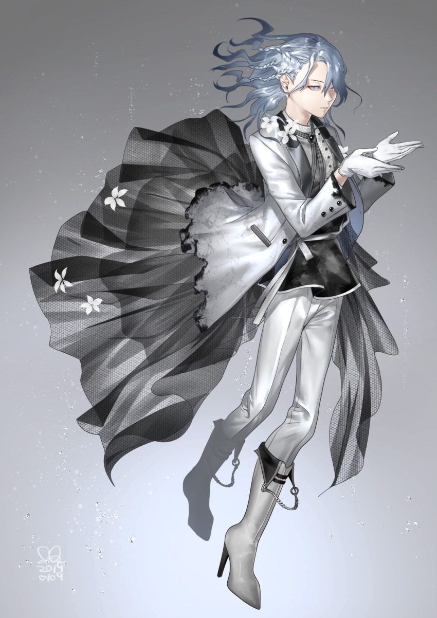 1boy, black_coat, black_vest, bolo_tie, boots, boutonniere, braid, caviar_(food_fantasy), closed_mouth, coat, commentary, cuff_links, cupping_hands, dress_shirt, expressionless, floating_hair, flower, fold-over_boots, food_fantasy, formal_clothes, full_body, gloves, gradient_background, grey_background, grey_eyes, grey_hair, groom, hair_over_one_eye, hands_up, high_heel_boots, high_heels, highres, hutagi_rouka, jacket, knee_boots, lapels, layered_clothes, long_sleeves, looking_ahead, male_focus, medium_hair, open_clothes, open_jacket, own_hands_together, pants, pants_tucked_in, peaked_lapels, ribbon, russian_clothes, see-through_clothes, see-through_coat, shirt, side_braids, side_part, simple_background, solo, suit, suit_jacket, torn_clothes, torn_jacket, vest, waist_ribbon, wavy_hair, white_boots, white_flower, white_gloves, white_jacket, white_pants, white_ribbon, white_suit