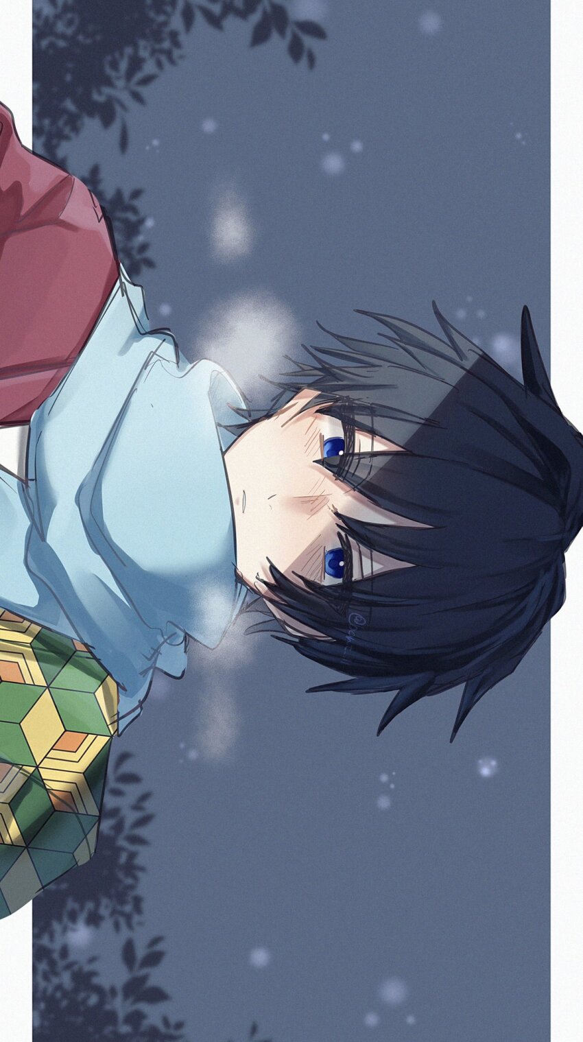 1boy, black_hair, blue_eyes, blue_scarf, bont_ill, buttons, gold_buttons, haori, high_collar, highres, japanese_clothes, kikkoumon, kimetsu_no_yaiba, looking_at_viewer, male_focus, outdoors, parted_lips, print_haori, red_haori, scarf, sideways, solo, spiked_hair, teeth, tomioka_giyuu