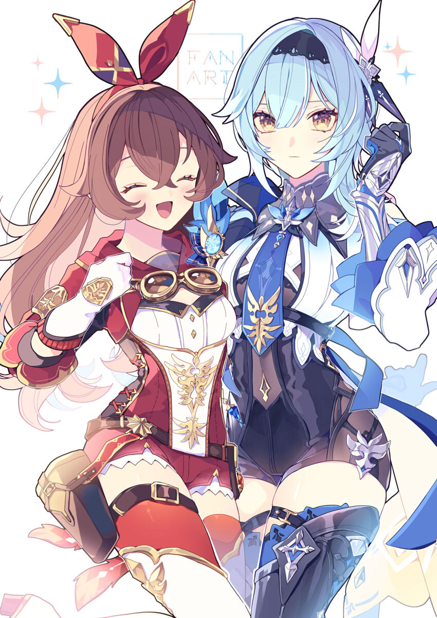 2girls, amber_(100_outrider)_(genshin_impact), amber_(genshin_impact), black_hairband, blue_hair, blue_necktie, blush, boots, breasts, brown_hair, chest_harness, closed_eyes, eula_(genshin_impact), genshin_impact, gloves, goggles, goggles_around_neck, hairband, harness, high-waist_shorts, highres, jacket, karaage_ha_315, large_breasts, long_hair, looking_at_viewer, medium_breasts, medium_hair, multiple_girls, necktie, open_mouth, red_hairband, red_jacket, red_shorts, shorts, sparkle, thigh_boots, white_background, white_gloves, yellow_eyes