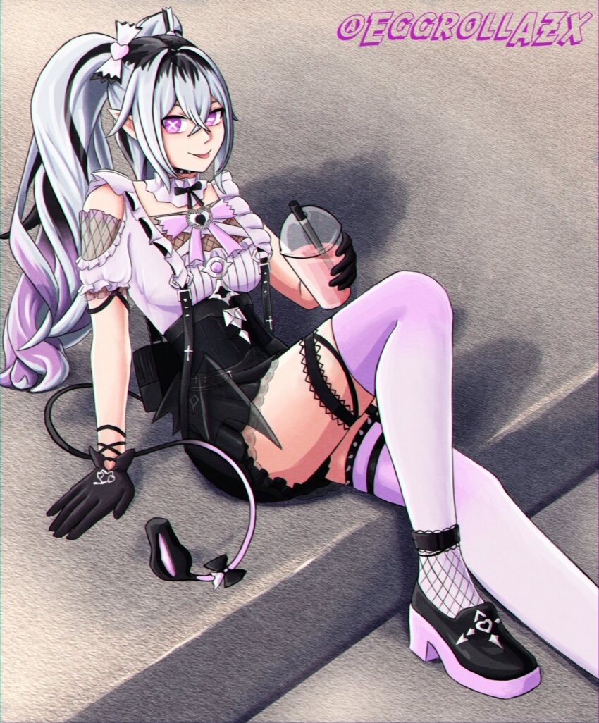 1girl, absurdres, artist_name, black_gloves, black_hair, black_skirt, crossed_bangs, demon_tail, eggroll_(eggrollazx), frilled_shirt, frills, gloves, gradient_hair, grey_hair, grey_shirt, hair_between_eyes, highres, jetavie:_daybreak_(mischievous_wings)_(pgr), jetavie_(pgr), mechanical_tail, mismatched_pupils, multicolored_hair, pointy_ears, punishing:_gray_raven, purple_eyes, purple_hair, purple_thighhighs, shirt, sidelocks, skirt, slit_pupils, solo, streaked_hair, symbol-shaped_pupils, tail, thighhighs, tongue, tongue_out, twintails, x-shaped_pupils