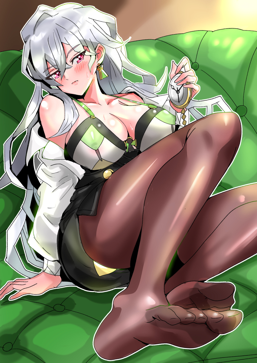 1girl, blush, breasts, chappu_(chapillust), cleavage, doomsday_(monster_strike), feet, highres, long_hair, monster_strike, pantyhose, pink_eyes, pocket_watch, soles, toes, watch, white_hair