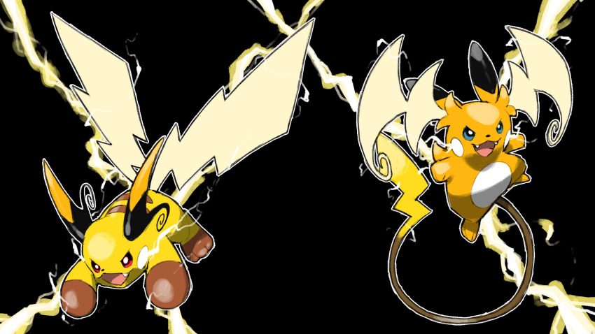 :3, black_background, blacknirrow, blue_eyes, commentary, electricity, fangs, full_body