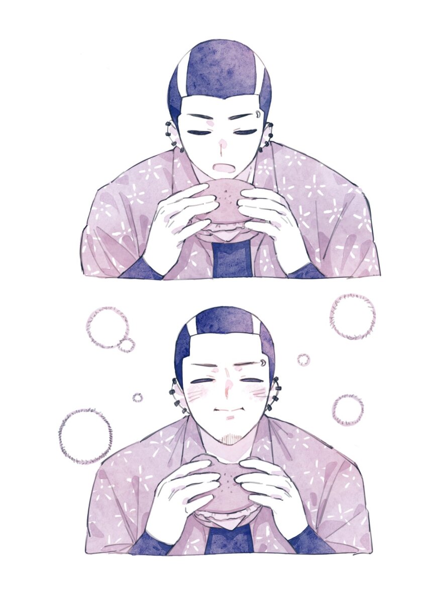 1boy, blush, burger, closed_eyes, closed_mouth, commentary_request, dandadan, ear_piercing, earrings, eating, eyebrow_piercing, face_piercing, floral_print, food, highres, holding, holding_burger, holding_food, jewelry, male_focus, okg3_dos, open_clothes, open_mouth, open_shirt, piercing, print_shirt, shirt, short_hair, simple_background, solo, straight-on, upper_body, very_short_hair, white_background, zuma_unji