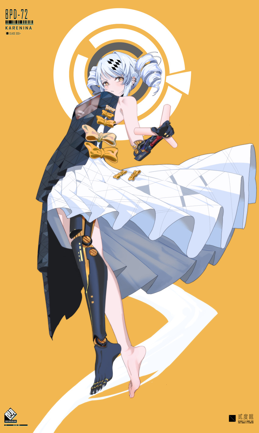 1girl, absurdres, bare_arms, black_dress, bow, character_name, dress, dress_bow