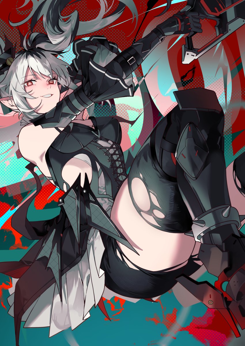 1girl, absurdres, black_leotard, black_streaks, black_thighhighs, cino_(cappuccino), cross-shaped_pupils, detached_sleeves