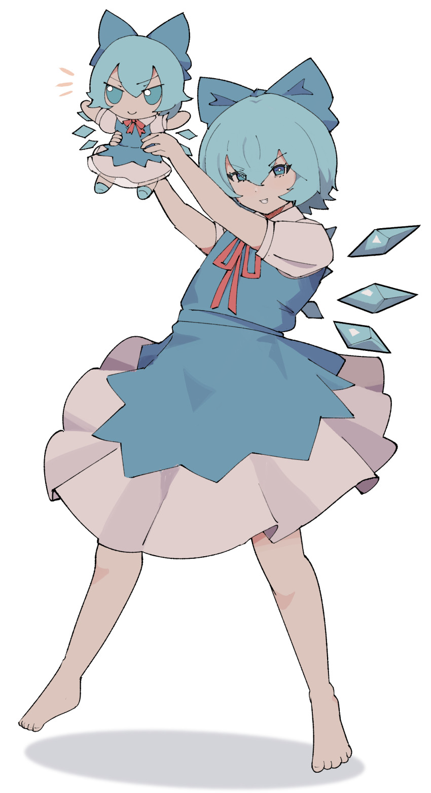 1girl, absurdres, barefoot, blue_bow, blue_hair, blue_skirt, blue_vest, bow, cirno, cirno_day, drop_shadow, fairy, full_body, fumo_(doll), grimlisp, highres, holding, holding_stuffed_toy, ice, ice_wings, short_hair, short_sleeves, simple_background, skirt, stuffed_toy, touhou, vest, white_background, wings