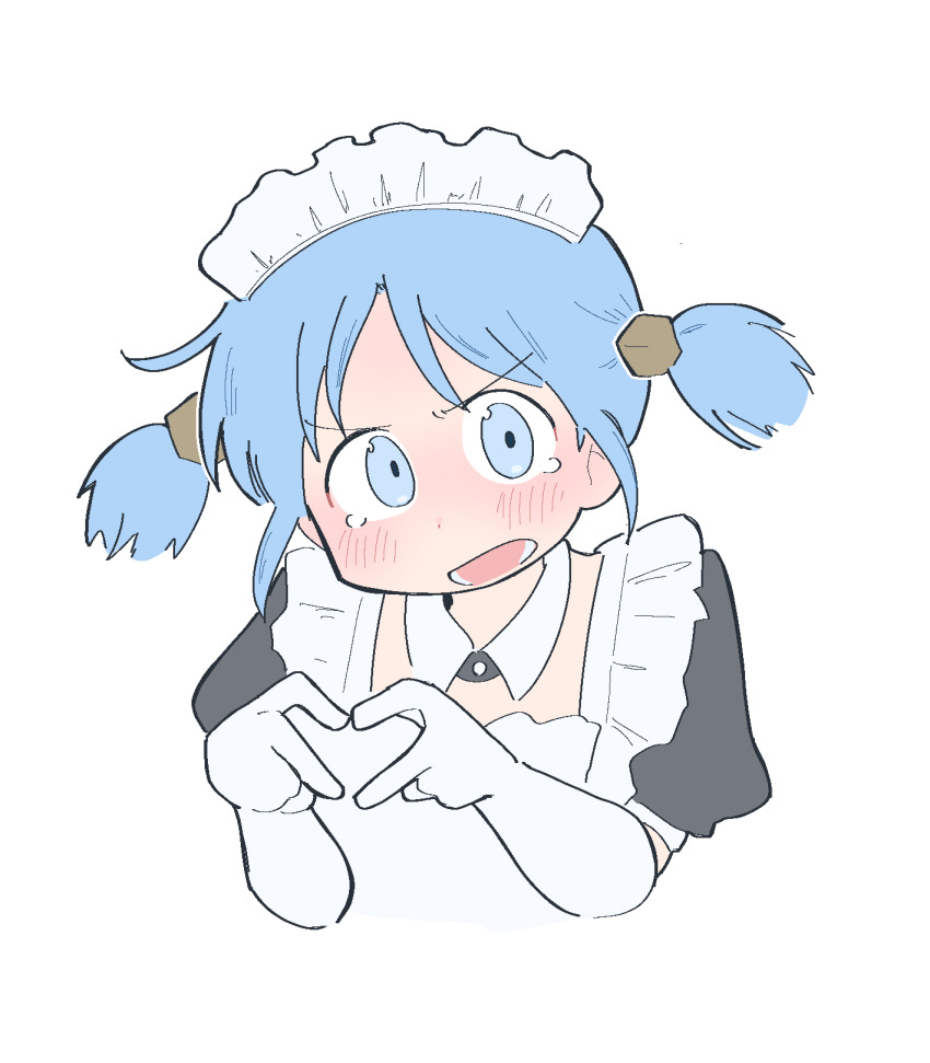 1girl, apron, black_dress, blue_eyes, blue_hair, blush, cropped_torso, cube_hair_ornament