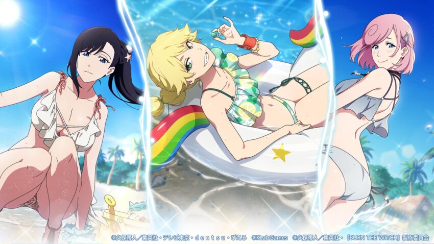 3girls, bare_back, bare_shoulders, beach, bikini, black_hair, bleach, bleach:_brave_souls, blonde_hair, bracelet, braid, braided_ponytail, breasts, burn_the_witch, collarbone, female_focus, flat_chest, green_eyes, holding, jewelry, large_breasts, legs, macy_baljure, medium_breasts, medium_hair, multiple_girls, navel, niihashi_noel, ninny_spangcole, ocean, official_alternate_costume, official_art, pink_hair, sand, side_ponytail, sitting, smile, starfish, string_bikini, sunlight, swim_ring, swimsuit, teeth, thigh_strap, water