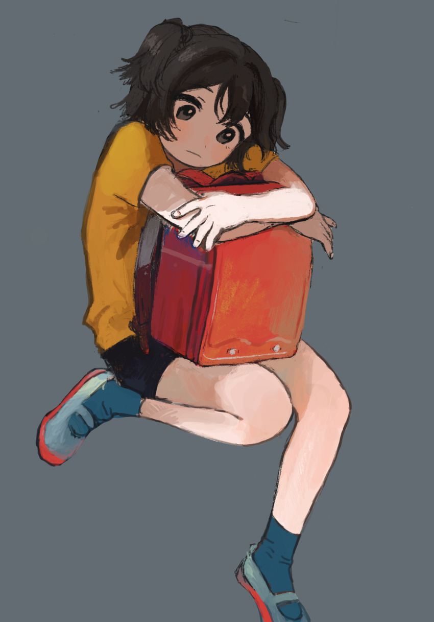 1girl, akagi_miria, backpack, bag, bag_on_lap, black_eyes, black_hair, black_shorts