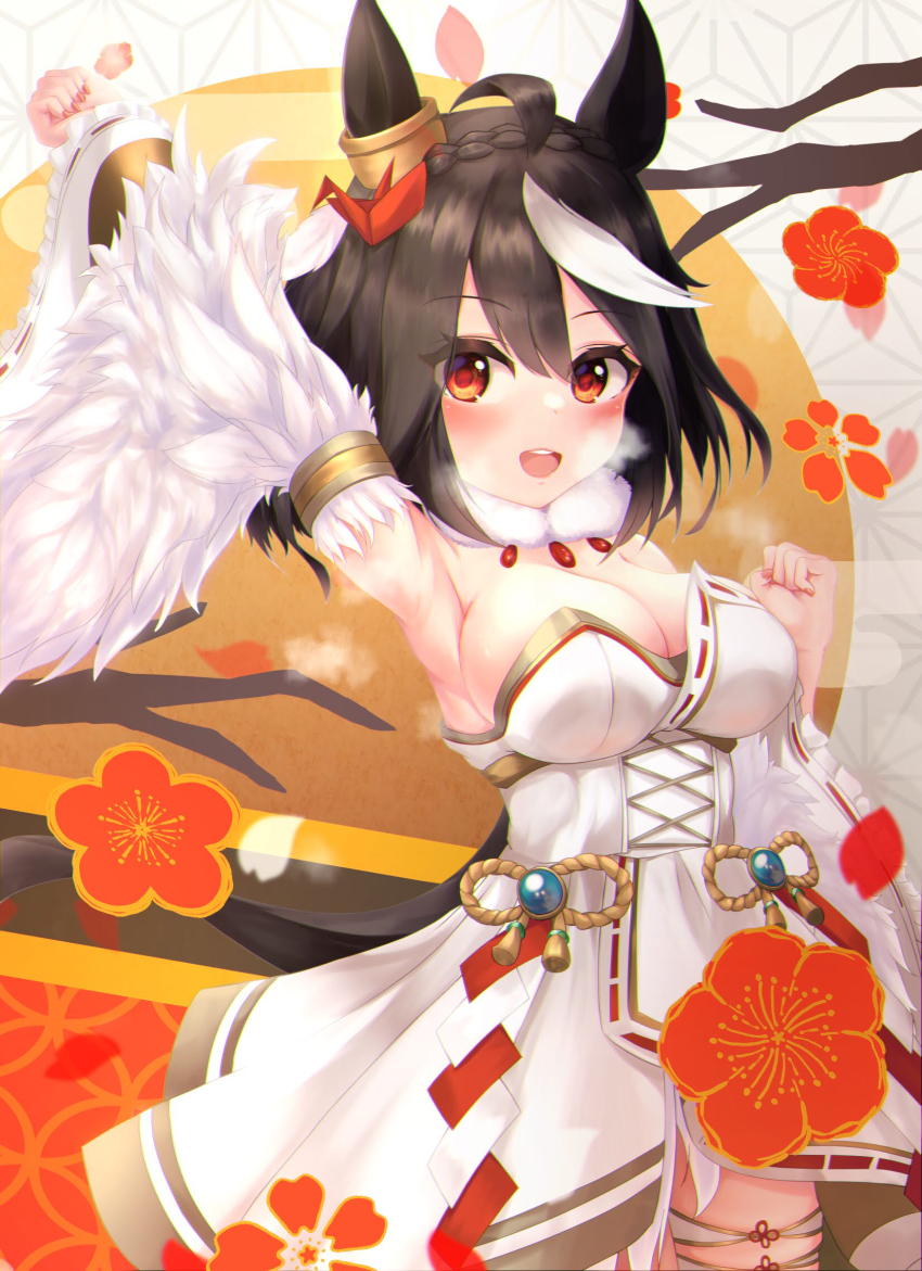 1girl, ahoge, akiyama_neo, animal_ears, armpit_focus, armpits, bare_shoulders, black_hair