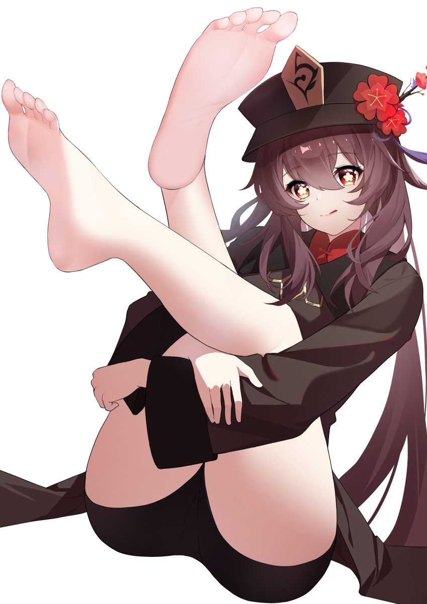 1girl, :q, absurdres, barefoot, brown_eyes, brown_hair, candy_shunya, feet