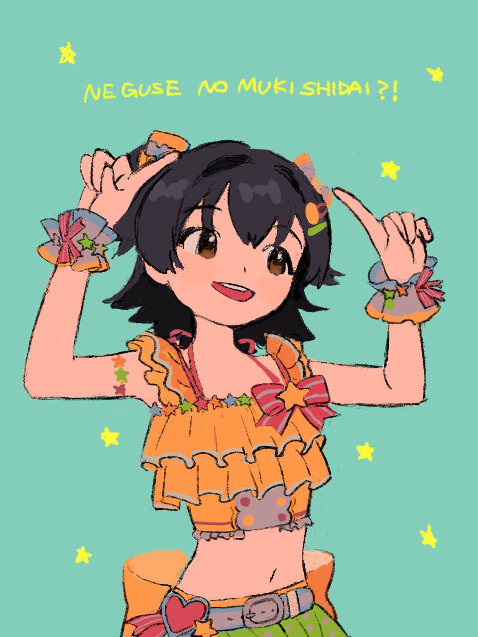 1girl, akagi_miria, aqua_background, belt, black_hair, bow, brown_eyes, cropped_shirt