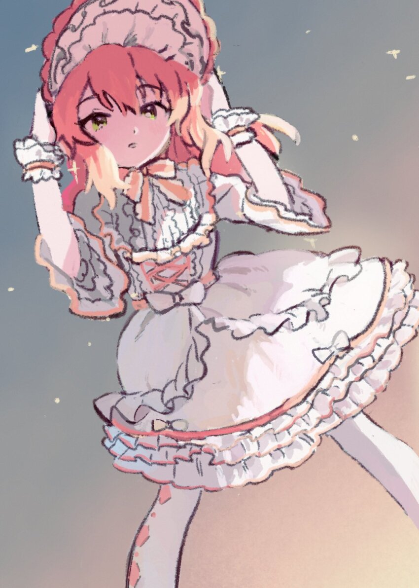 1girl, blonde_hair, blue_background, bonnet, commentary_request, dress, feet_out_of_frame, floating_hair