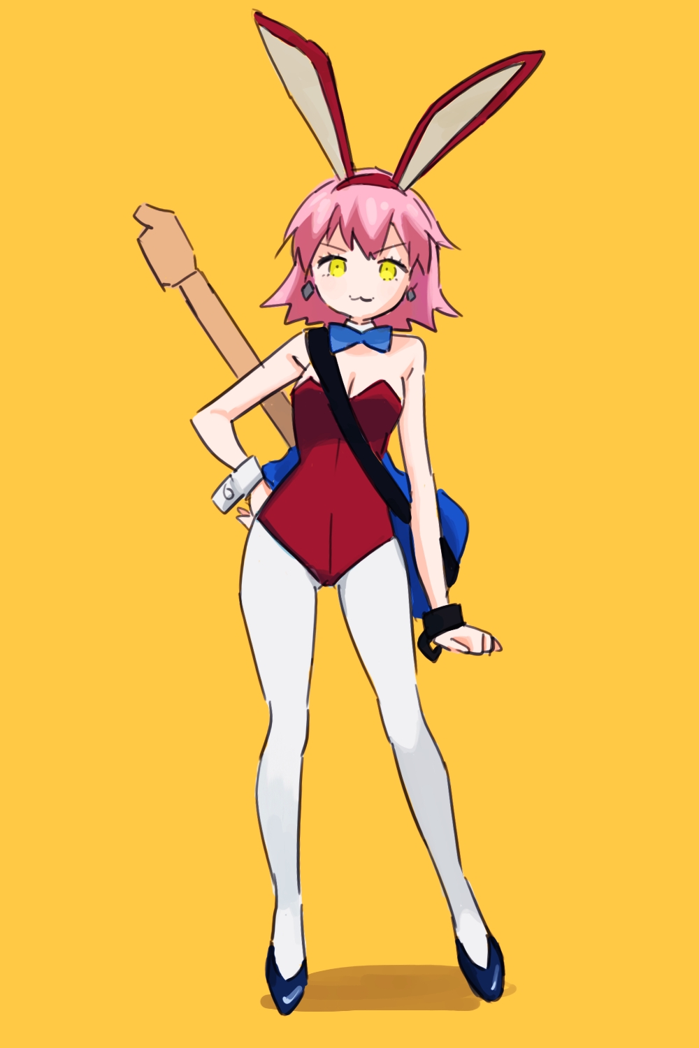 1girl, :3, animal_ears, bare_shoulders, black_shoes, blue_bow, blue_bowtie, bow