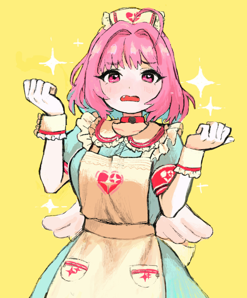 1girl, ahoge, apron, armband, blue_dress, blush, breasts, colored_inner_hair